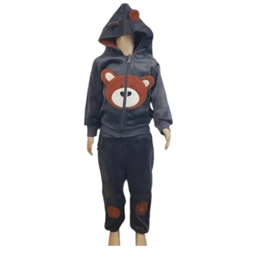 5T Toddler Grey Teddy Bear 2 piece Hoodie and Pants Velvet Outfit Set